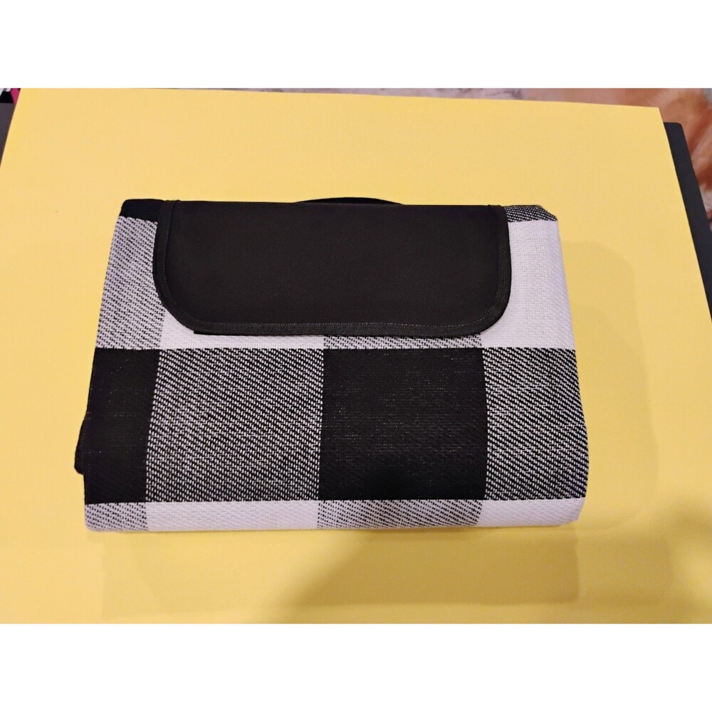 Picnic Blanket, Waterproof, 59"x 49"Black/White Plaid, New